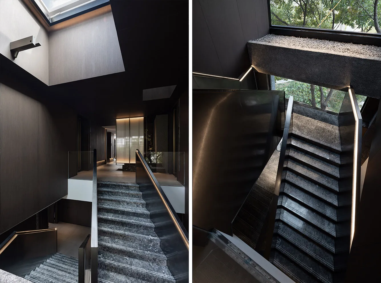 Black and white photos of a dark interior staircase with a metal railing, featuring three and four steps in two separate images