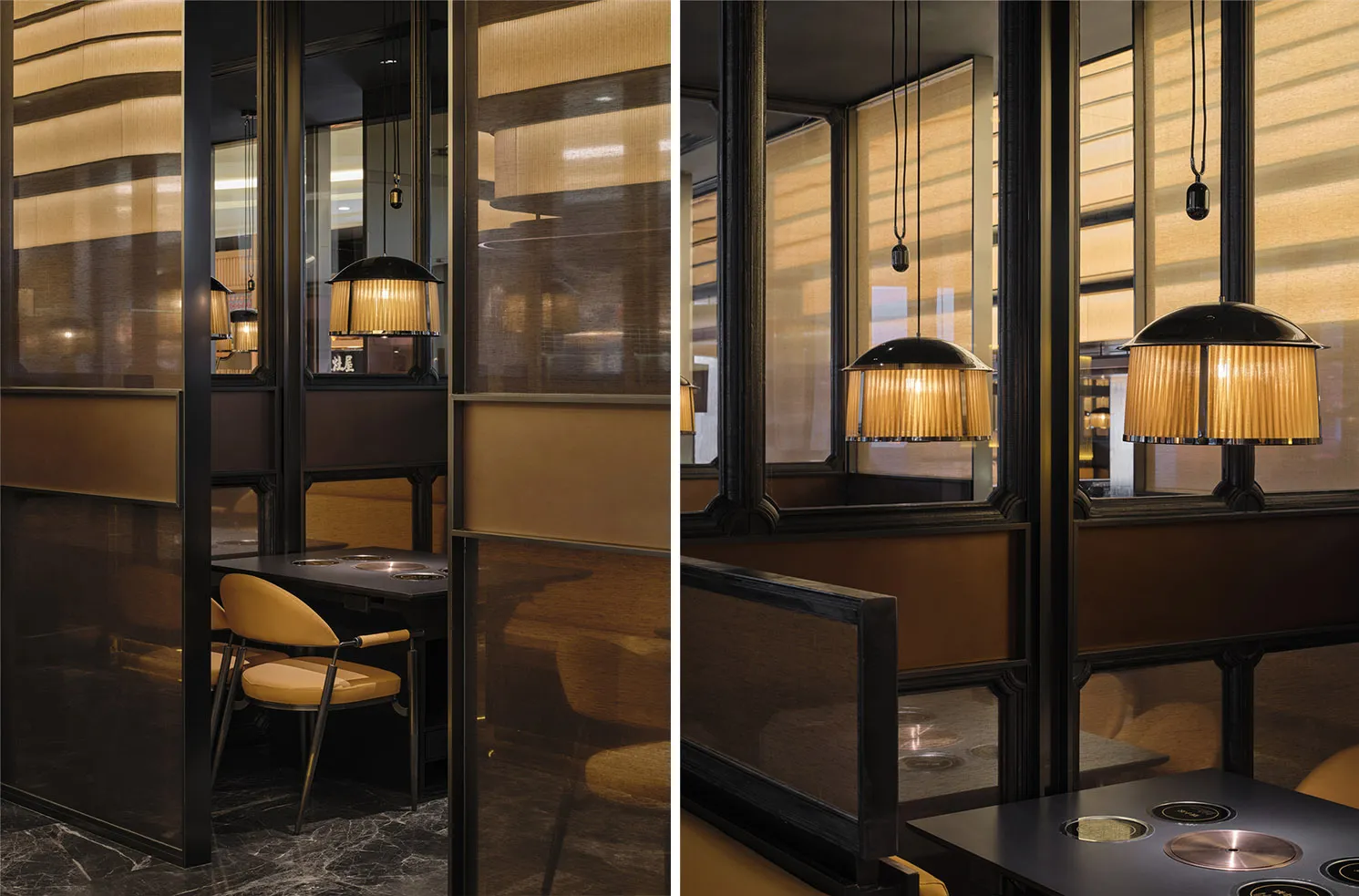 A modern restaurant with a seating area featuring chairs and couches, brown and yellow tones, and natural light