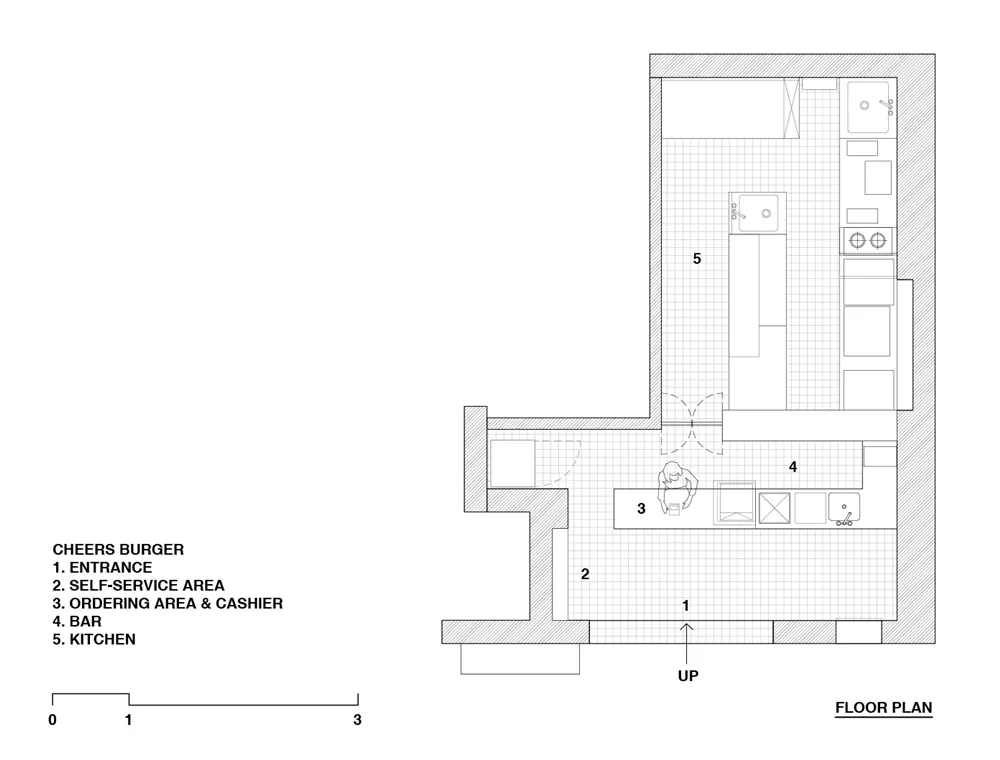 2D floor plan of a house with various rooms, including a kitchen, living area, dining area, and bedroom, presented in a black and white style