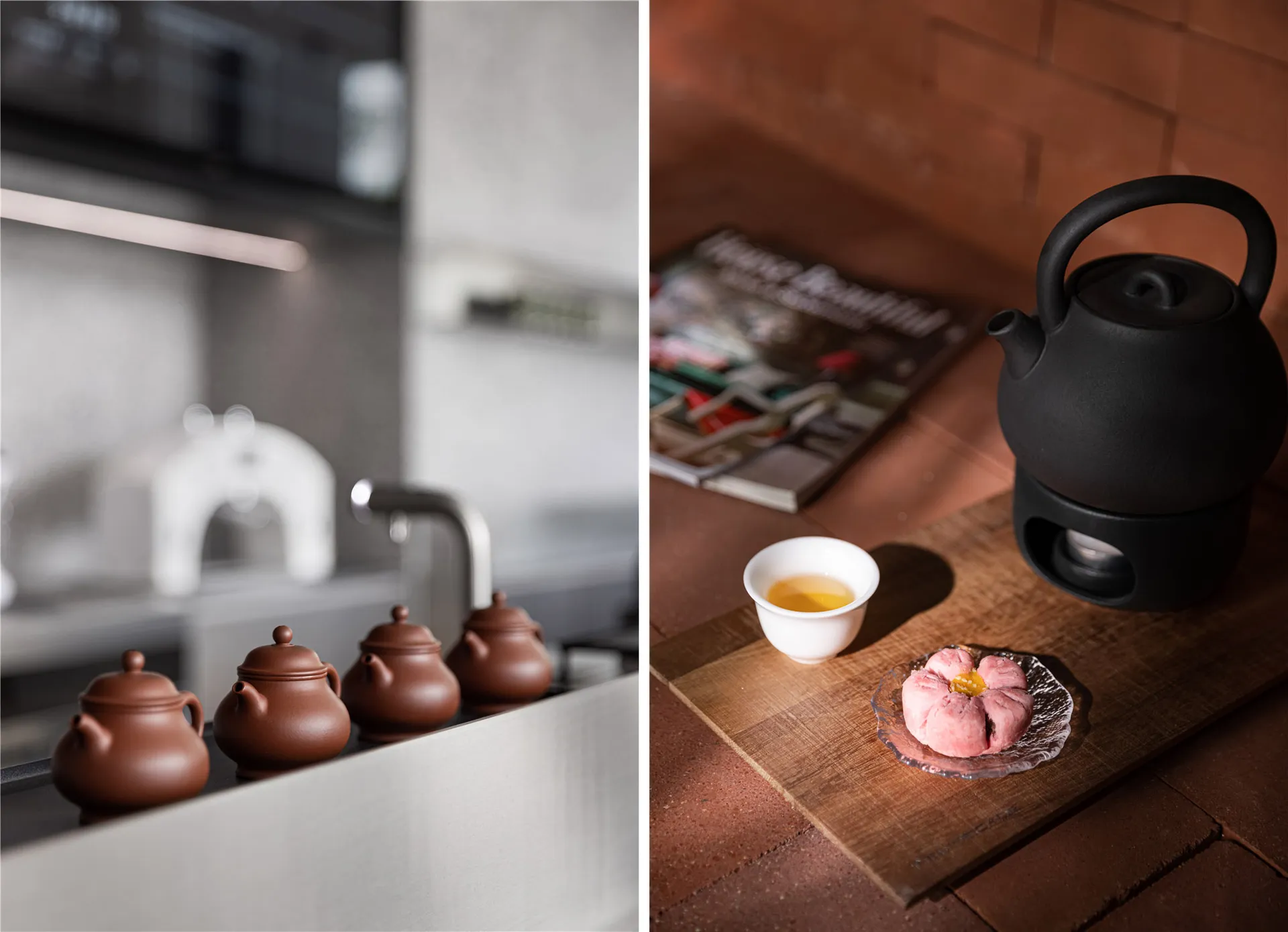 Cozy kitchen with a sink, countertop, dining table, and book, with a warm and inviting atmosphere