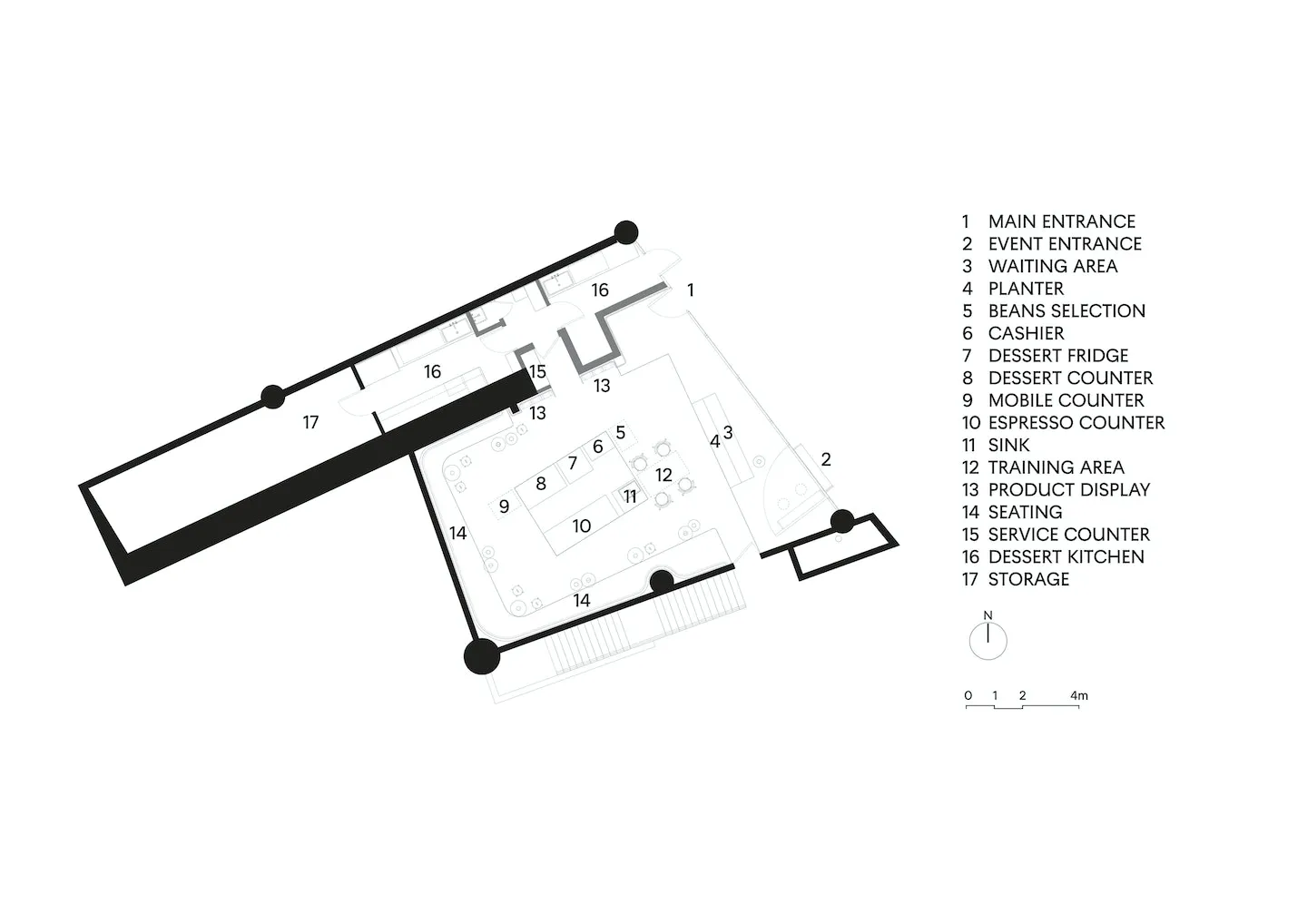 Architectural floor plan of a modern restaurant with labeled dining, kitchen, storage, and other functional areas