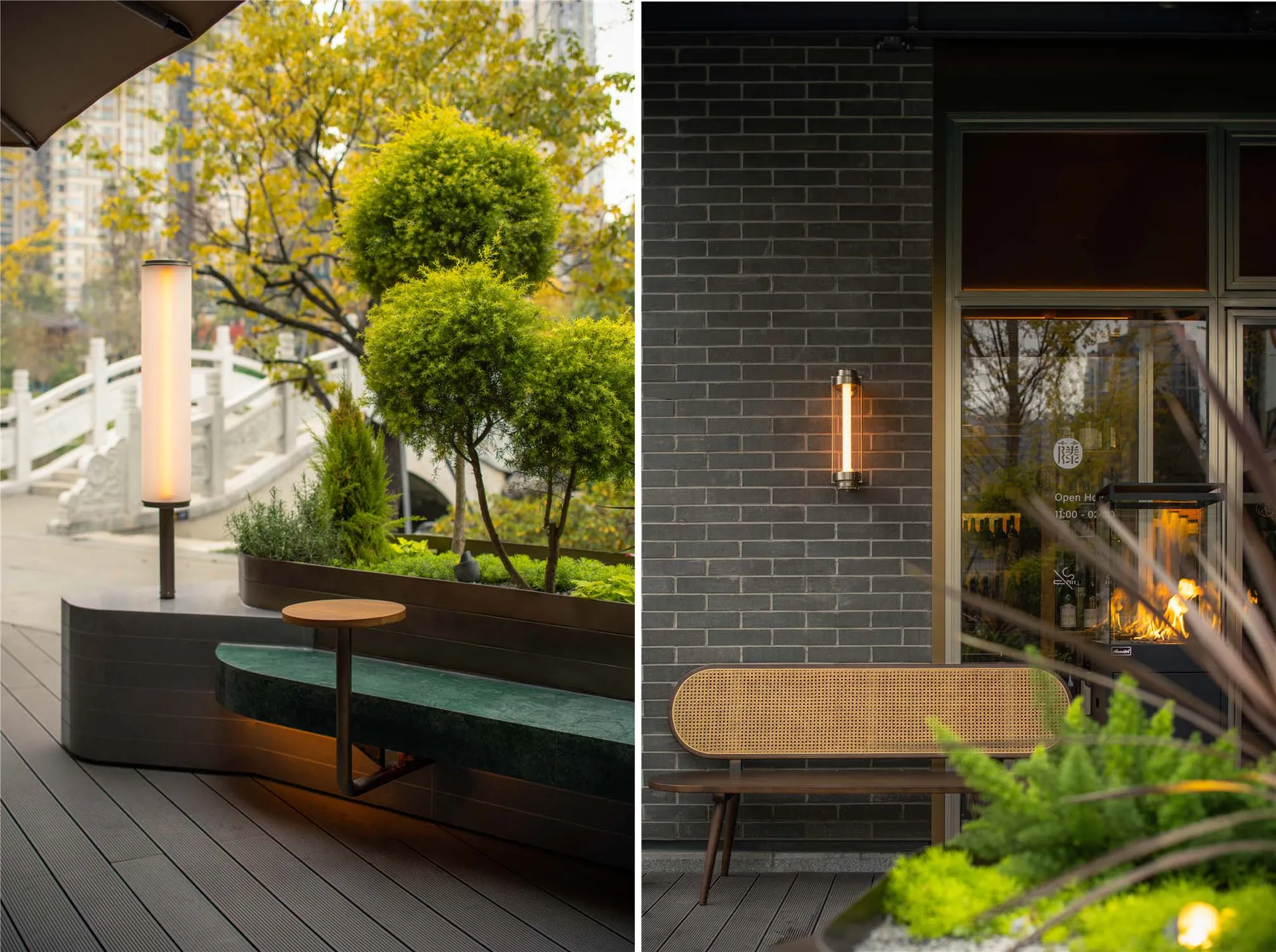 Modern living space with two benches in front of a brick wall, surrounded by potted plants and a minimalist aesthetic