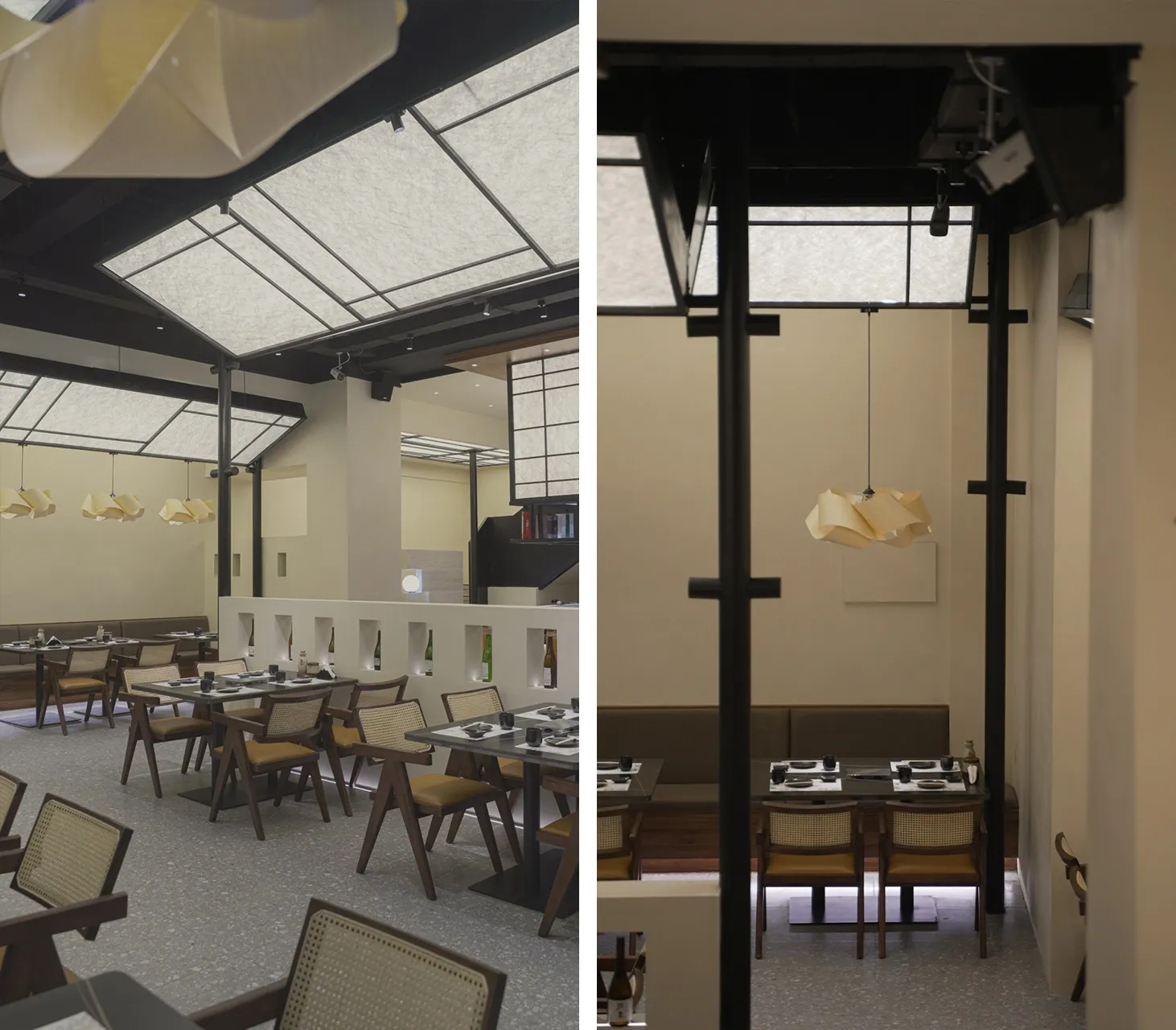 空蕩蕩的現代餐廳內部，配有餐桌椅，採光充足，重點在天花板設計
