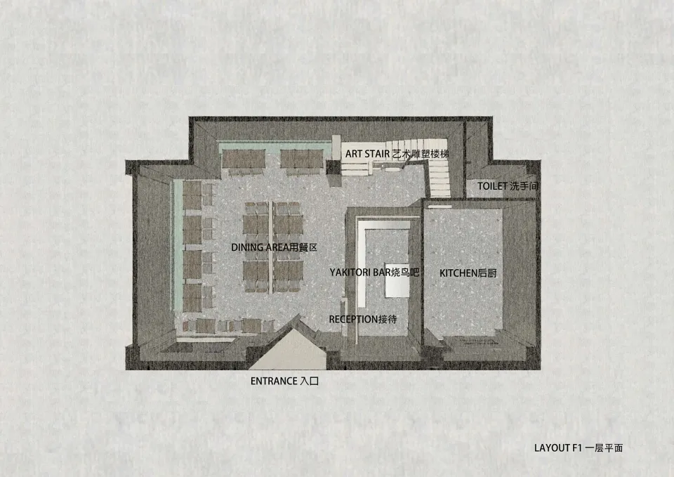 現代極簡建築的黑白平面圖，區域分隔清晰，可能採用混凝土、木頭或金屬材質，並以柔和燈光營造溫馨氛圍