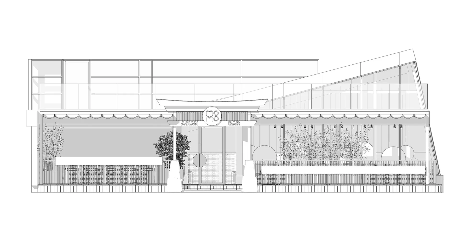 Architectural rendering of a building's exterior with a large window, potted plants, and benches in a well-designed urban environment
