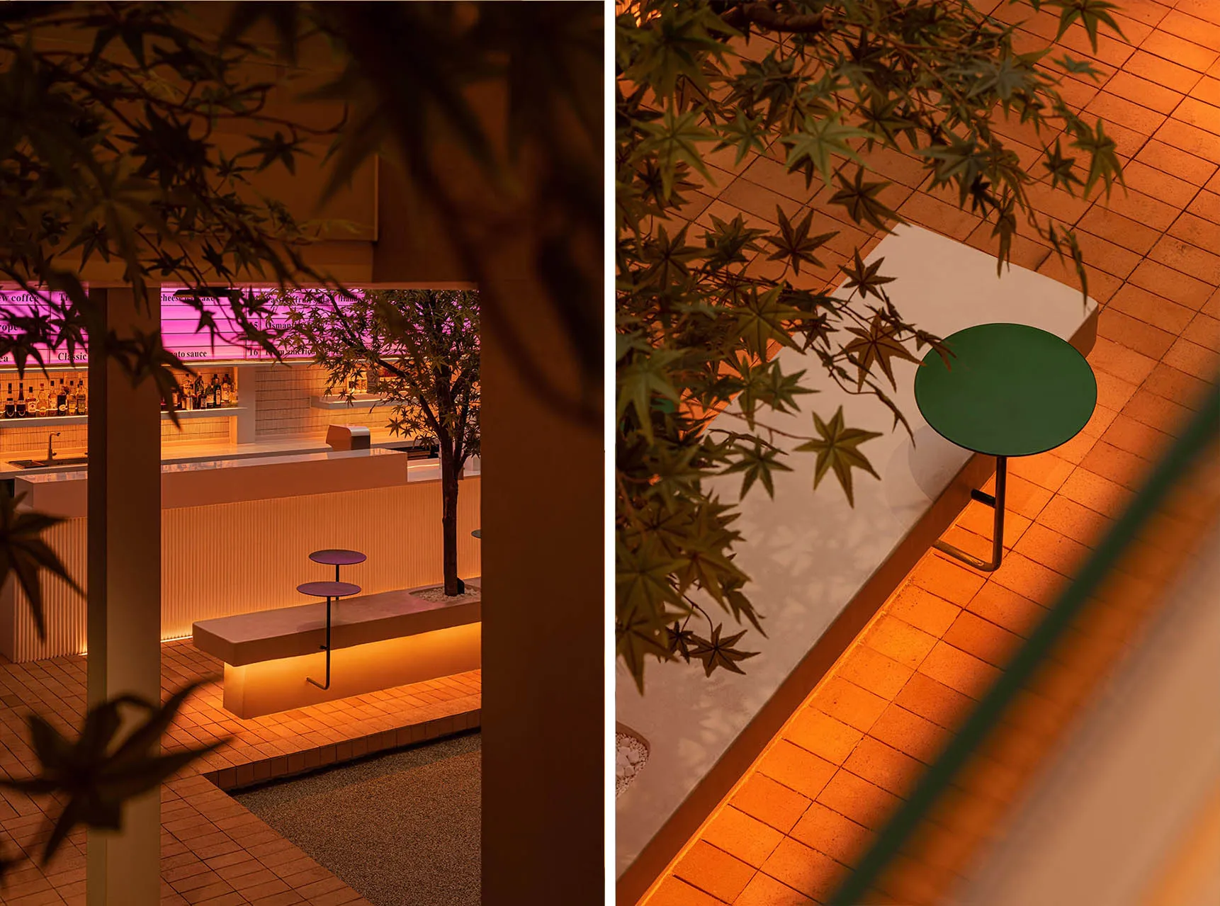 A restaurant interior with green and white tables, chairs, and potted plants, creating a cozy atmosphere for dining