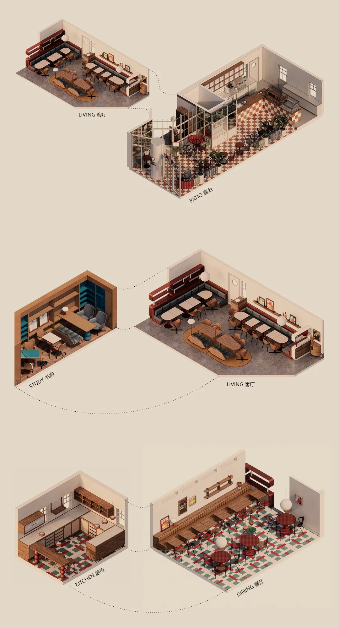 A well-lit restaurant space with a mix of wood and metal materials, featuring multiple chairs, dining tables, and potted plants, creating a welcoming atmosphere