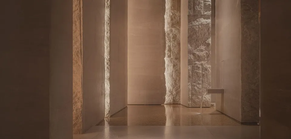 Grand hallway with stone walls, marble floors, and two large pillars, featuring a classical style and warm lighting