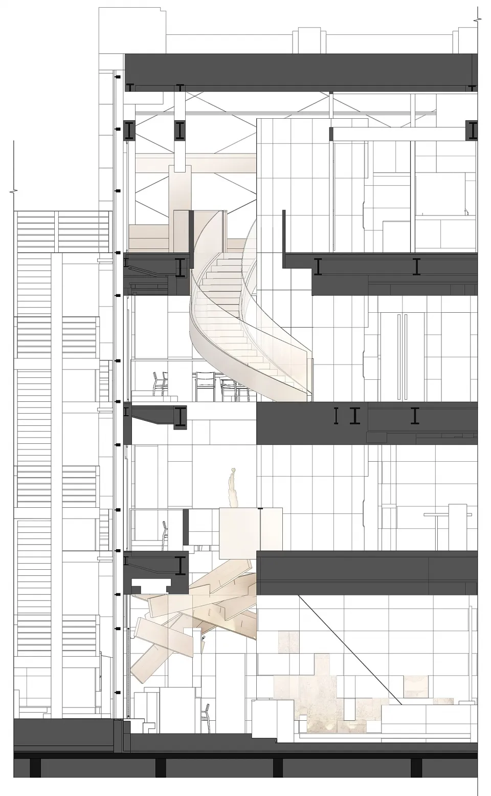 Black and white architectural rendering of a building's interior with open and enclosed spaces, chairs, and a sense of elegance and sophistication