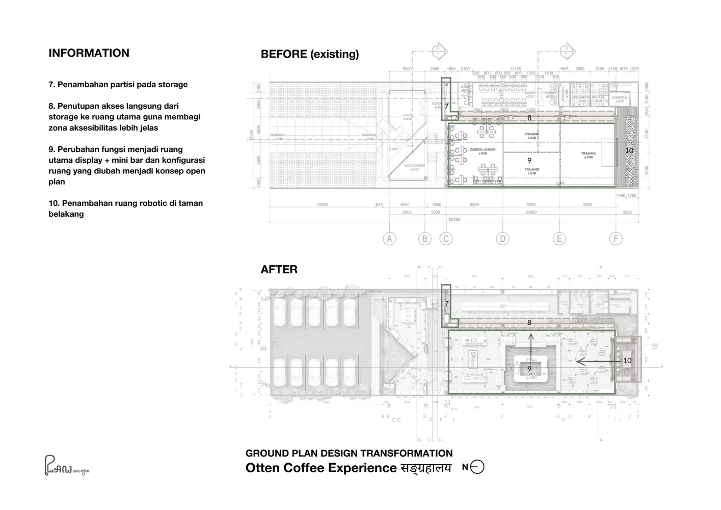 Before and after photos of a modern coffee shop with a sleek and functional design, well-lit with natural light