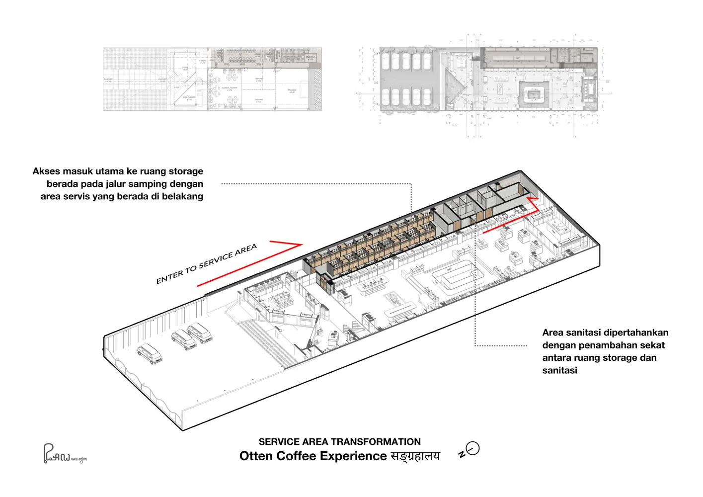 Architectural drawing of a coffee shop with tables, chairs, and a dining area, featuring inviting and comfortable atmosphere
