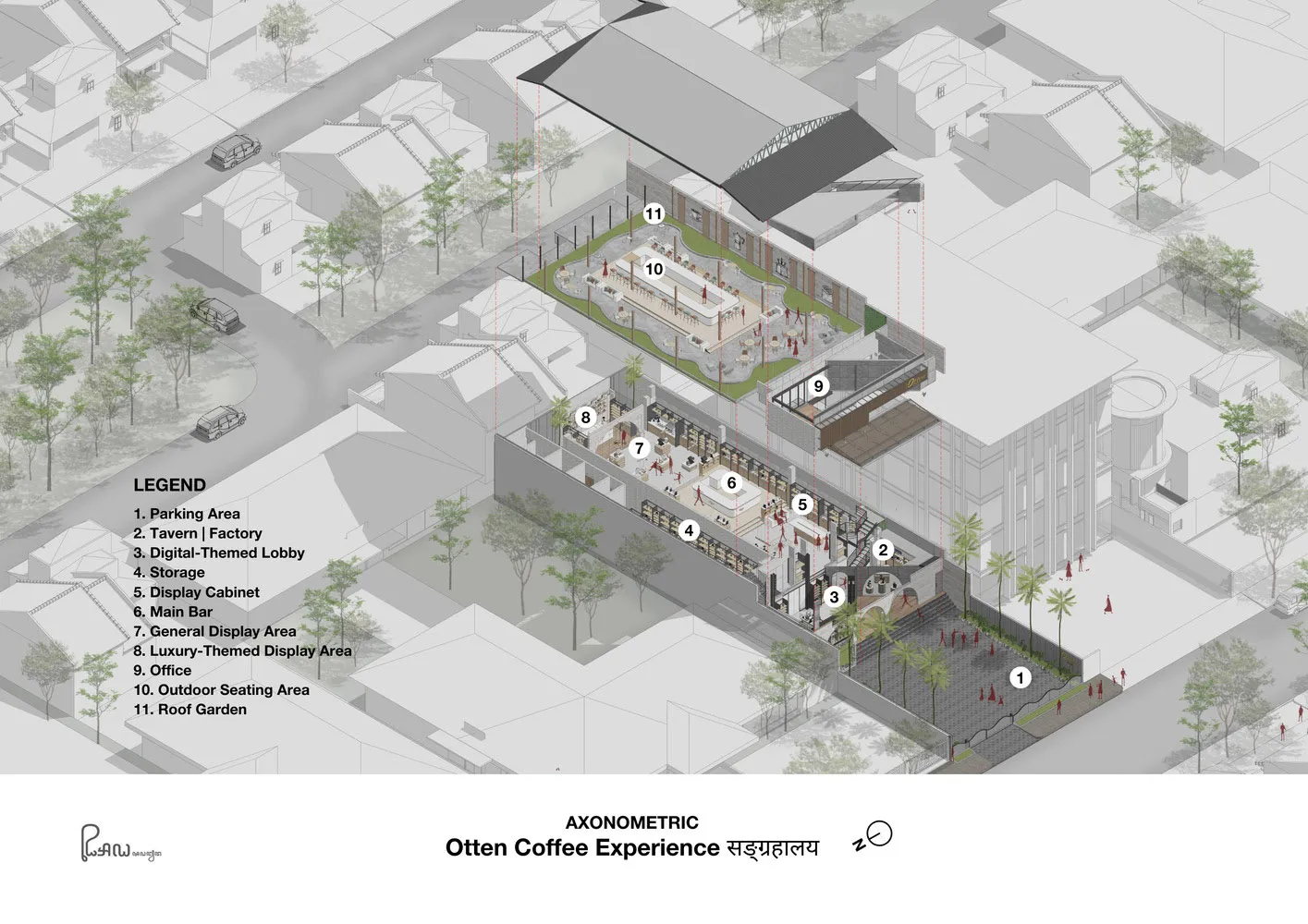 A well-designed coffee shop with seating areas, dining tables, and display spaces, featuring chairs, potted plants, and a welcoming atmosphere