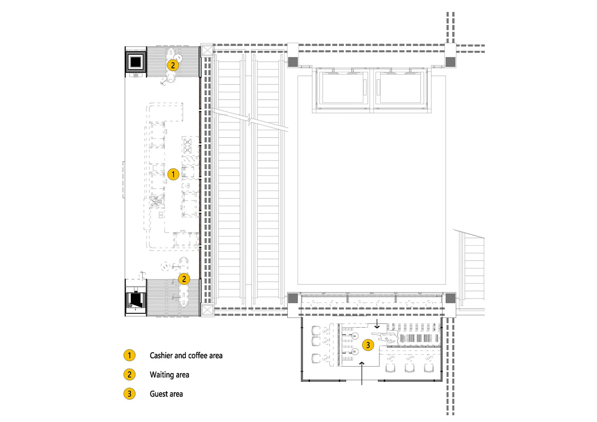 2D floor plan of a modern coffee shop with various rooms and seating areas