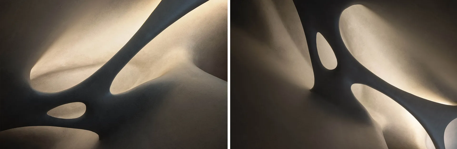 A sculpture made of concrete with a smooth curved surface and intricate design, shown in two different views