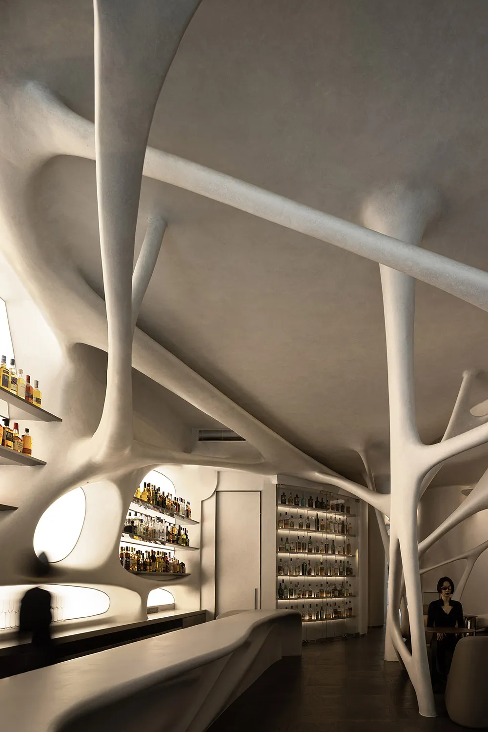 A cozy bar area with wine bottles on shelves, two people, and a relaxed atmosphere