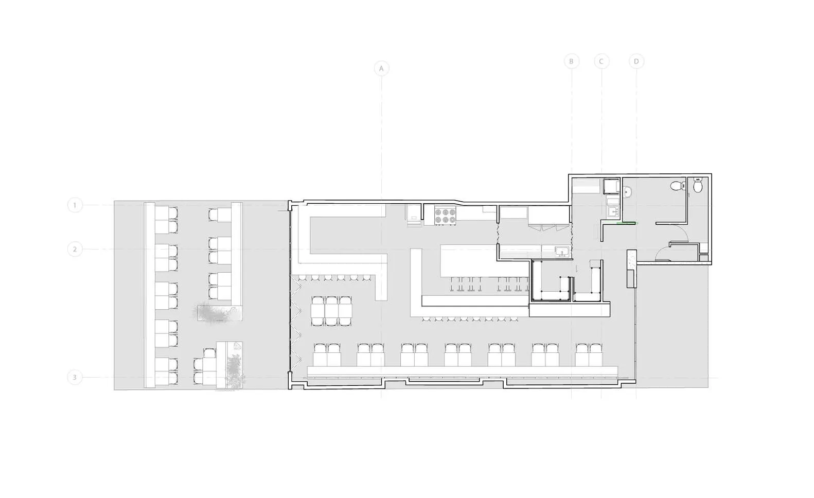 2D floor plan of a modern commercial building with concrete and glass materials, featuring various rooms and spaces, including a central atrium and offices
