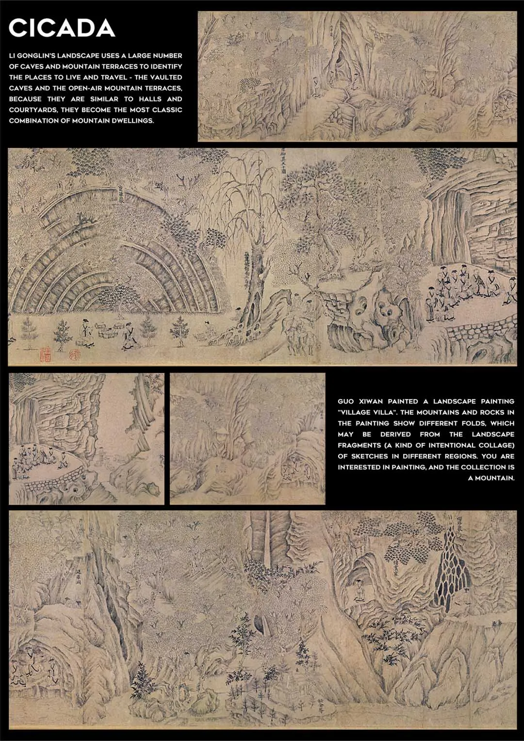 A gallery featuring artworks with diverse styles and techniques, including Asian paintings and landscape art