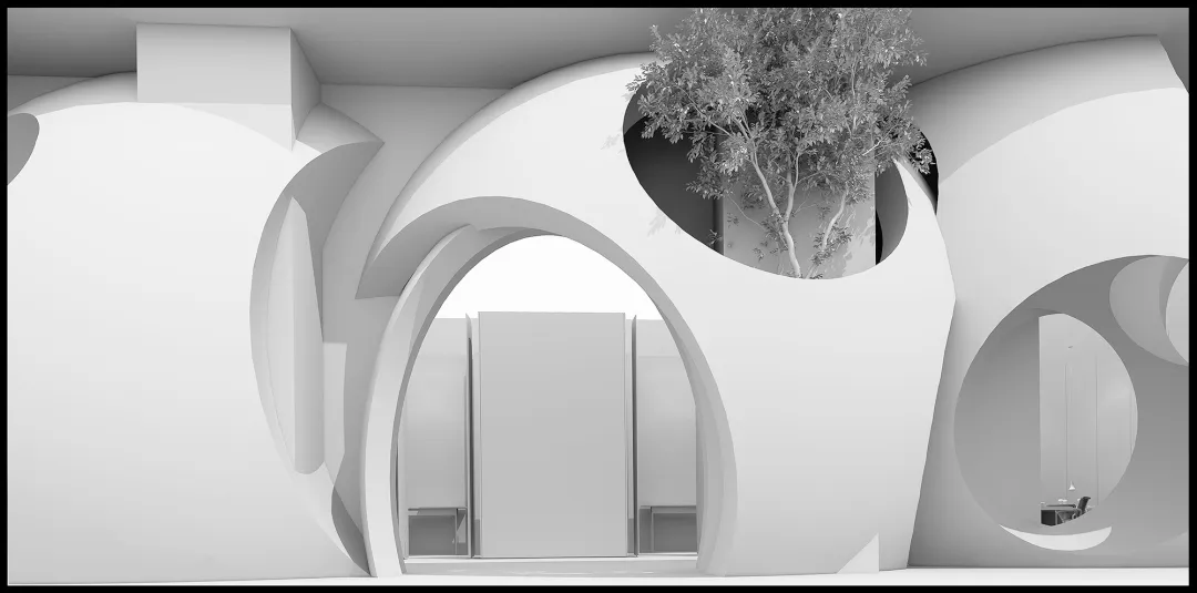 A modern building with a circular window, two benches, and a concrete structure, set against a neutral background
