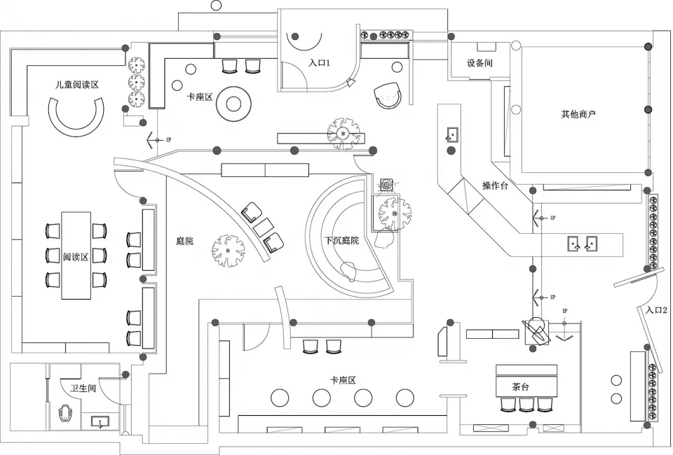 2D floor plan of a modern restaurant with various rooms, including dining areas, kitchens, and restrooms, featuring white surfaces and clean lines
