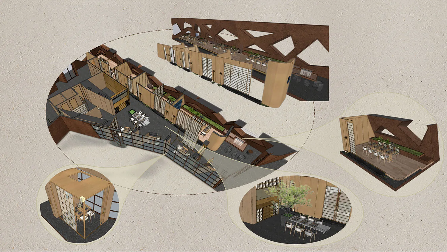 Modern restaurant interior with potted plants, tables, and chairs, creating a comfortable atmosphere