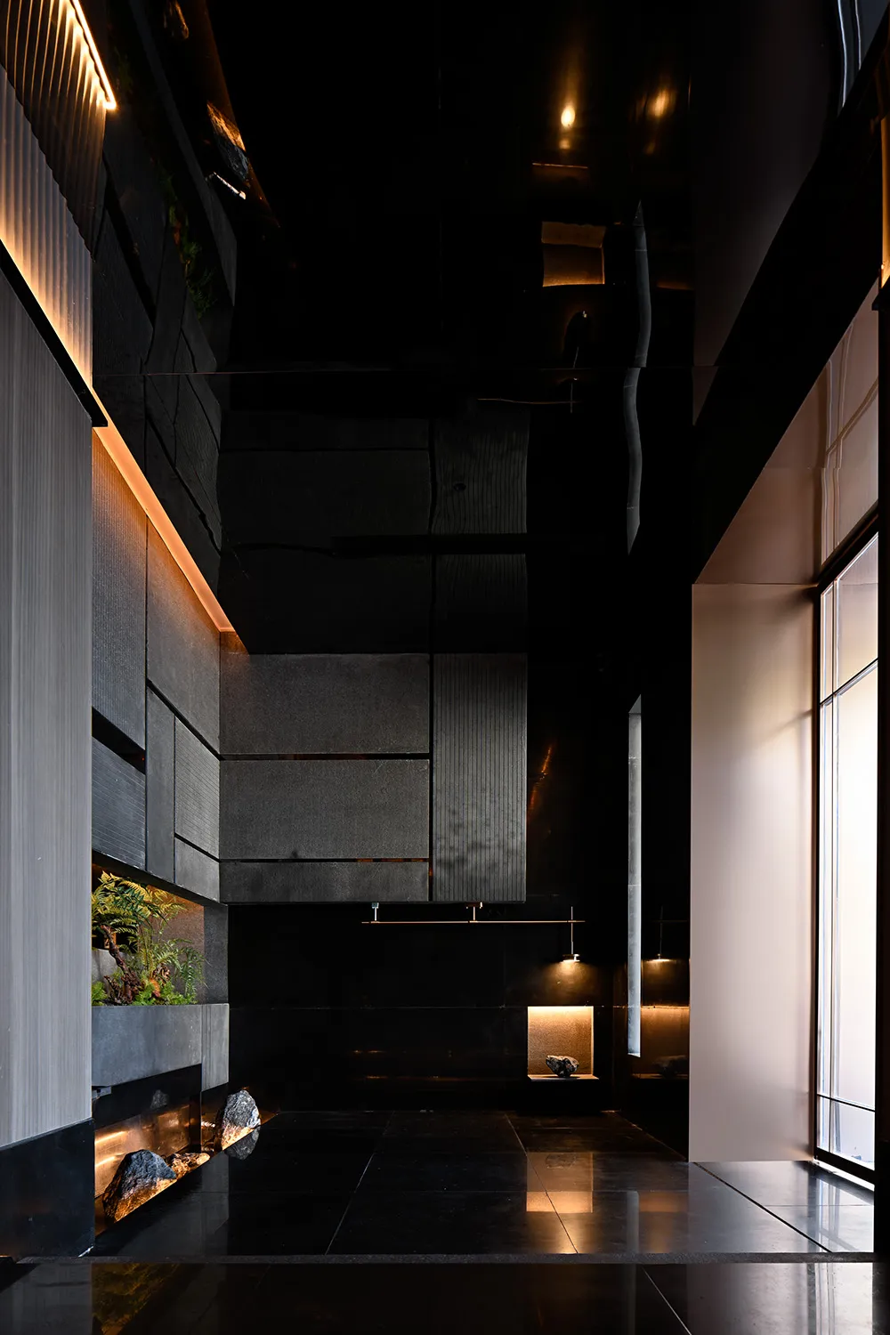 Dark bathroom with black walls, two sinks, a potted plant, and a vase, creating a moody atmosphere