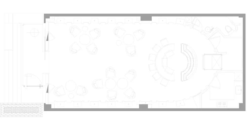 A large empty room with a white floor plan, featuring chairs and dining tables, with a focus on functionality and organization