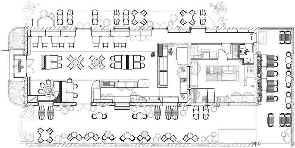 2D floor plan of a modern space with multiple dining tables, chairs, and couches arranged throughout, featuring linework, labels, and measurements
