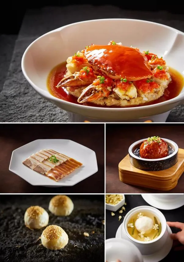 A collection of bowls and cups with seafood and other dishes, displayed on tables and countertops, highlighting culinary presentation