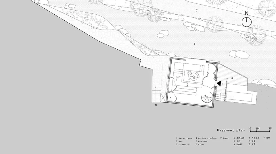 現代兩層樓住宅的黑白建築圖紙，包含花園與樹木，以俯視布局呈現線稿、標籤與尺寸標註