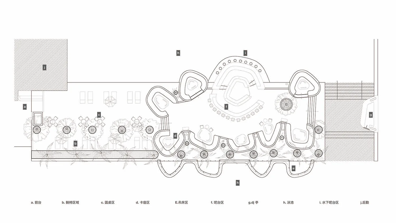 Architectural drawing of a modern building's interior with various rooms, clean lines, and minimalistic design elements