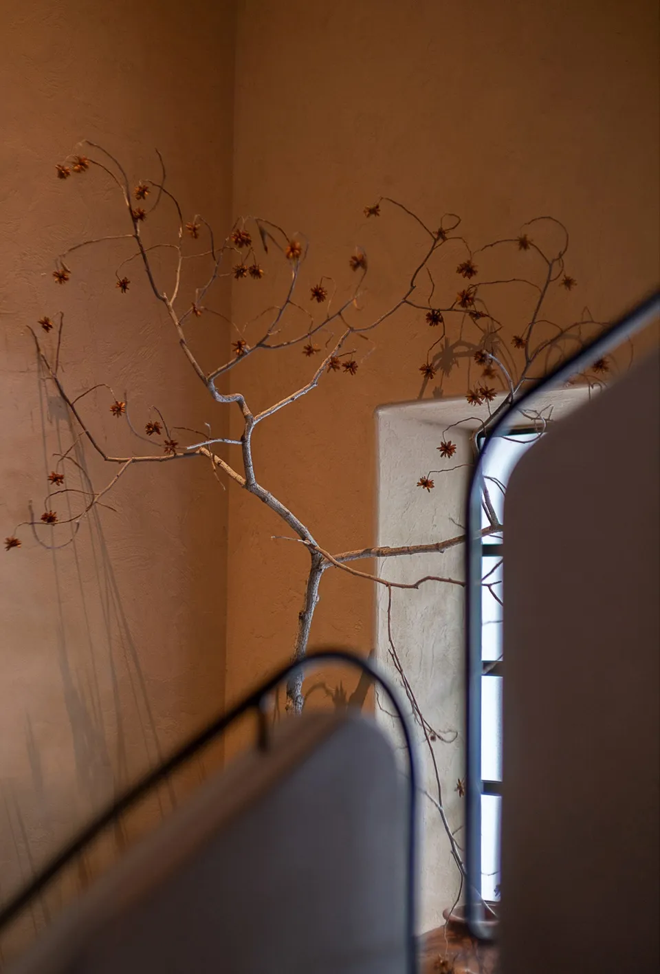 A cozy study space with a staircase, two trees, and scattered books, set against a warm and inviting background