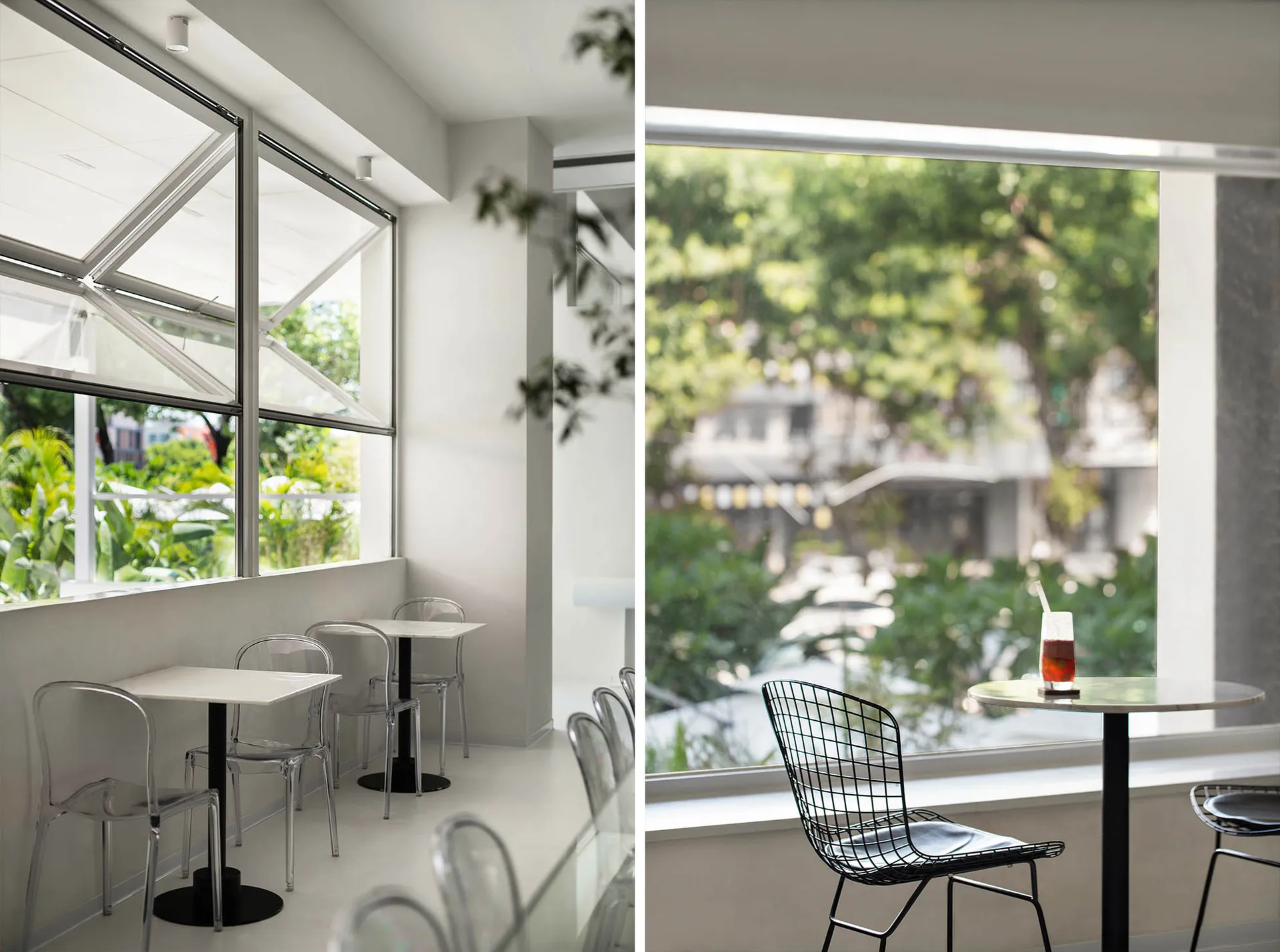 A restaurant with multiple dining tables and chairs, both inside and out, creating a welcoming atmosphere for guests