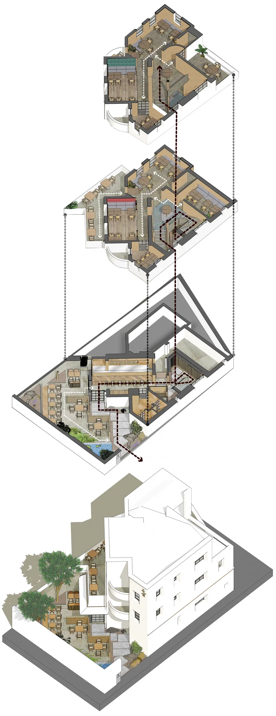 Architectural drawing of a modern building with multiple levels, dining areas, living rooms, and kitchens, featuring linework, labels, and measurements