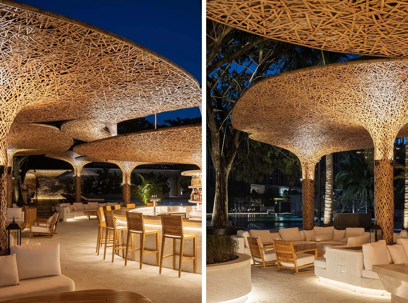 An outdoor dining space with wooden tables and chairs, surrounded by a relaxed and inviting atmosphere, with natural light during the daytime scene