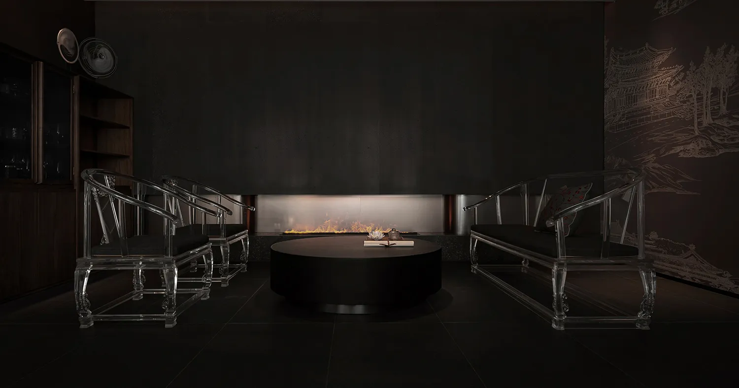Sleek modern living area with a black fireplace, two couches, a chair, and dark tones creating an elegant ambiance