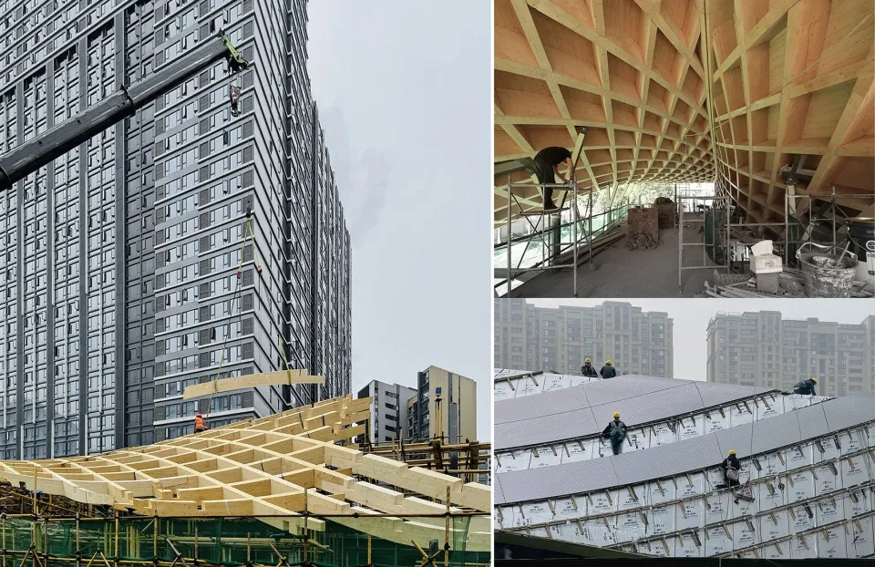 Construction site with modern building under construction, featuring wood as primary material, workers on scaffolding and roof, and a man on a beam