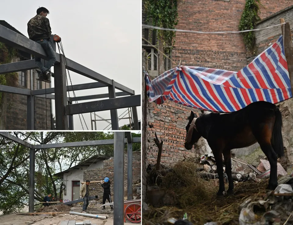 Construction site with a brick building, men working, a horse, and a person holding a metal beam