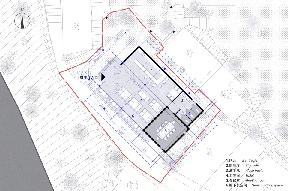 現代開放式格局的建築圖，包含餐廳與廚房區域、多張椅子，以及標示房間分區與尺寸的線條與註標