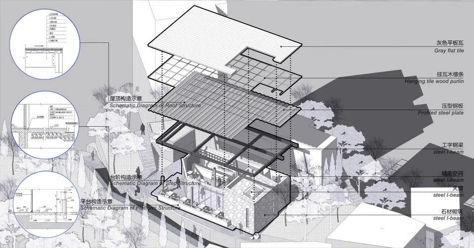 現代建築的2D平面圖，包含客廳、餐廳與臥室等多樣空間，特色為混凝土牆面、玻璃門與木質點綴，並有充足窗戶自然光