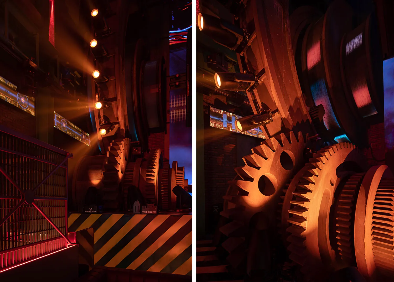 Industrial interior with large gears and machinery, and a yellow and black striped wall in a dark and industrial atmosphere