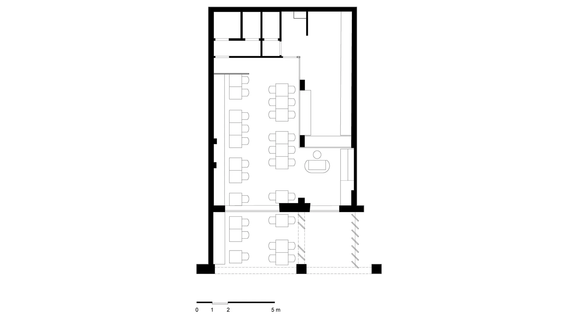 Empty dining space with multiple seating areas, chairs, and tables, depicted in a 2D floor plan format