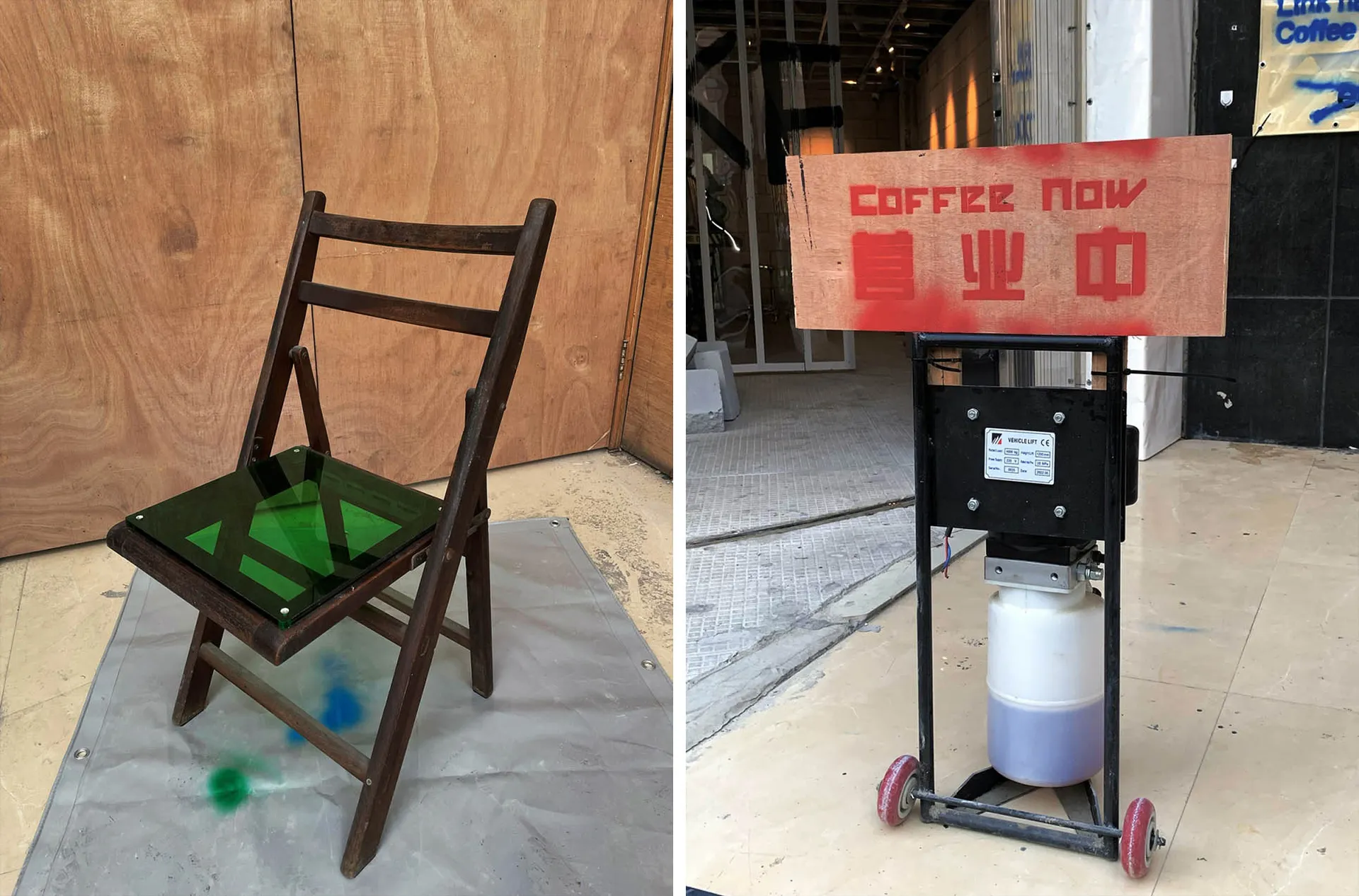 A casual cafe setting with a wooden chair and a coffee sign on a table, creating a welcoming atmosphere