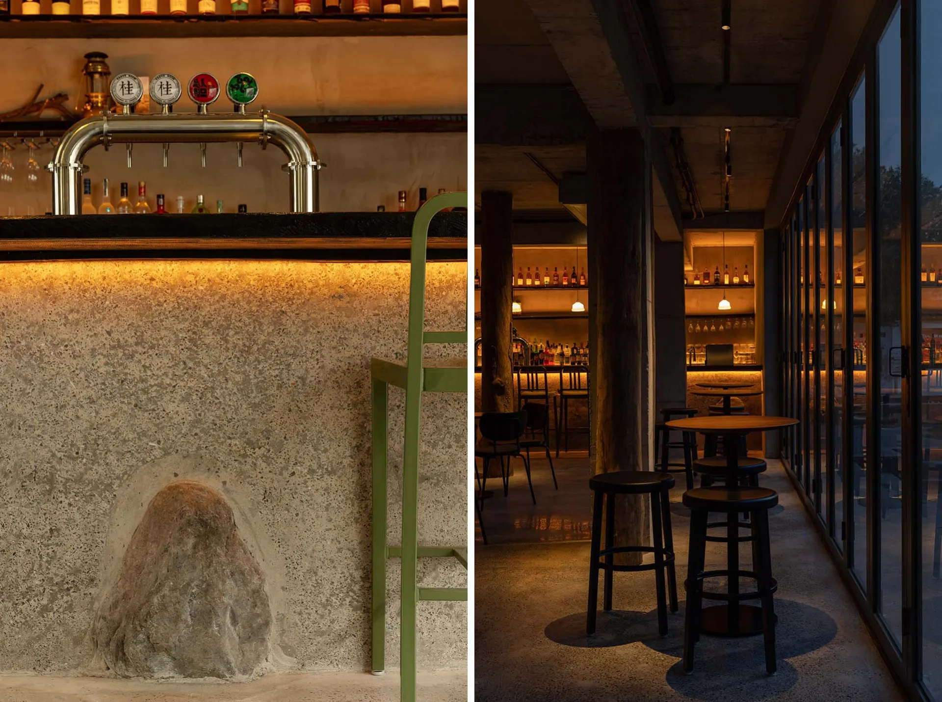 Casual dining bar with wooden countertops, chairs, and tables, and a sink in the background