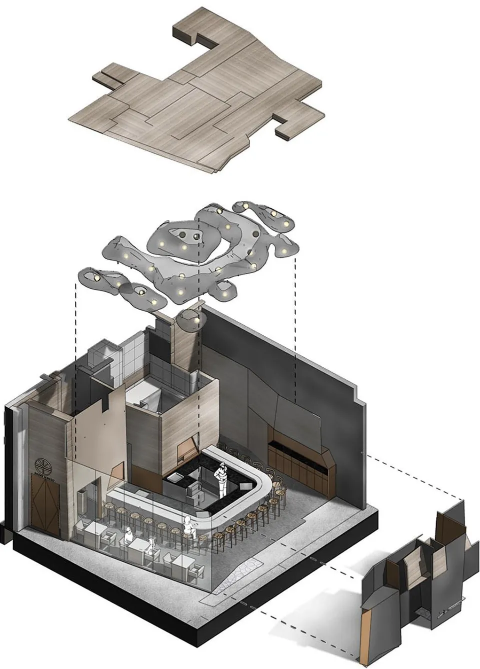 現代開放式空間的二維平面圖，包含餐廳與廚房區域，具線稿、標籤與尺寸標註