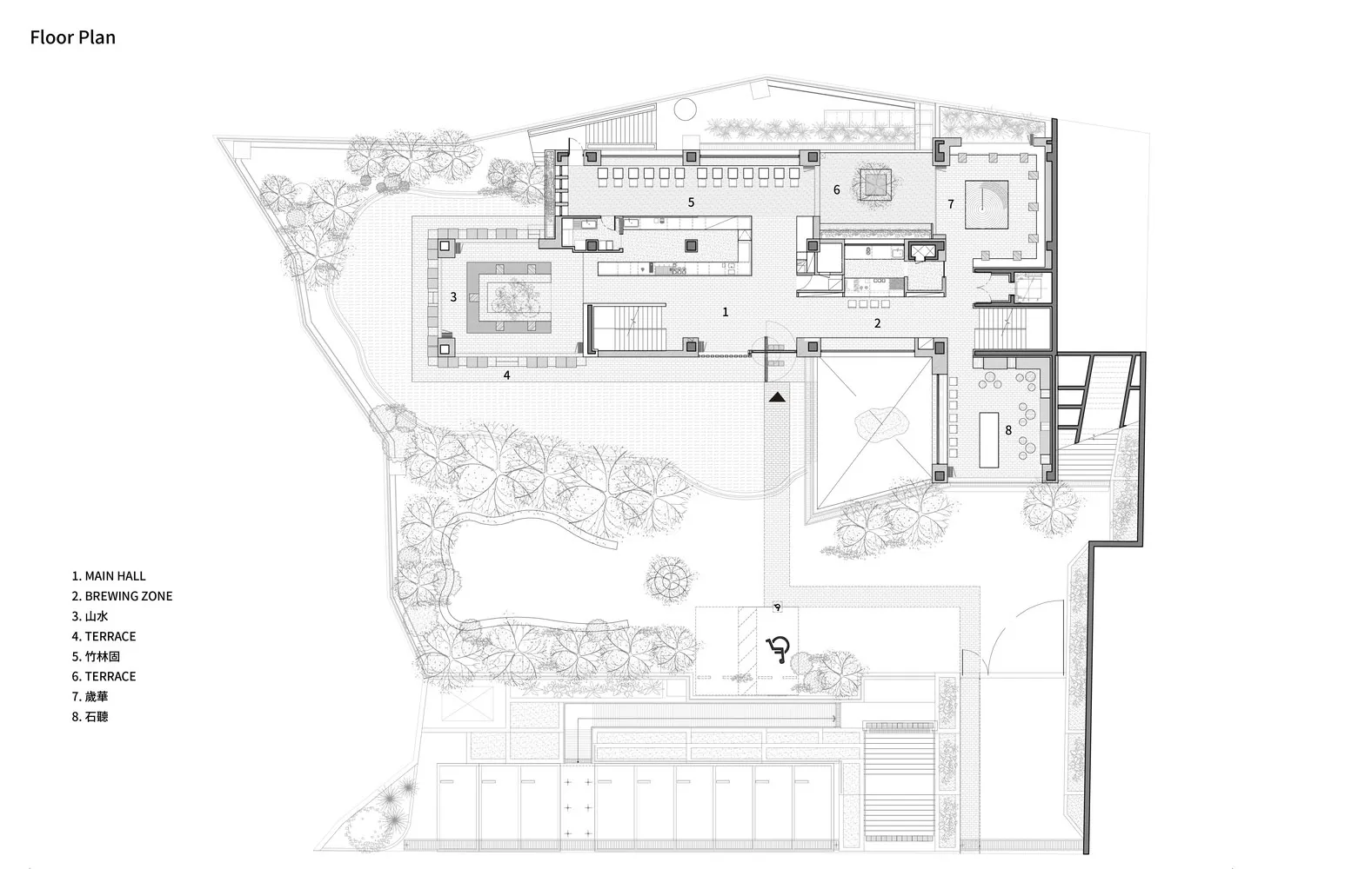 A modern floor plan featuring open areas and smaller rooms with concrete floors and walls, showcasing a clean and minimalistic design