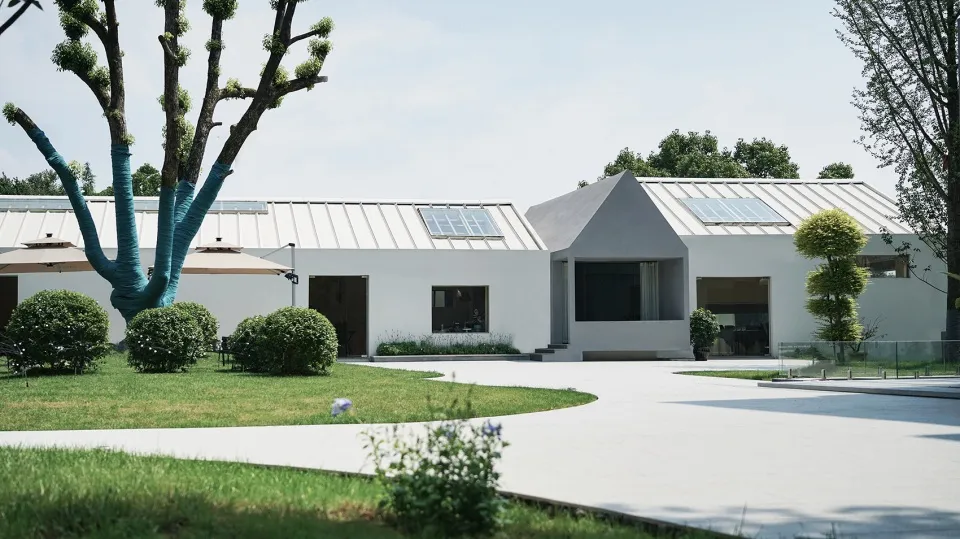 現代白色外觀住宅，內含多間房室配備大片窗戶引入自然光線，極簡裝飾並強調功能性