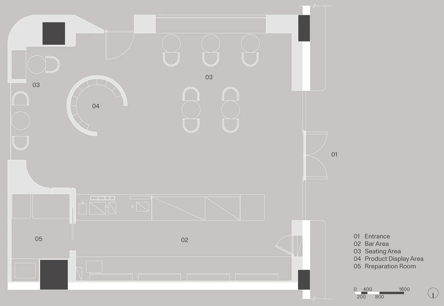 2D floor plan of a modern restaurant with various seating arrangements, chairs, and a dining table