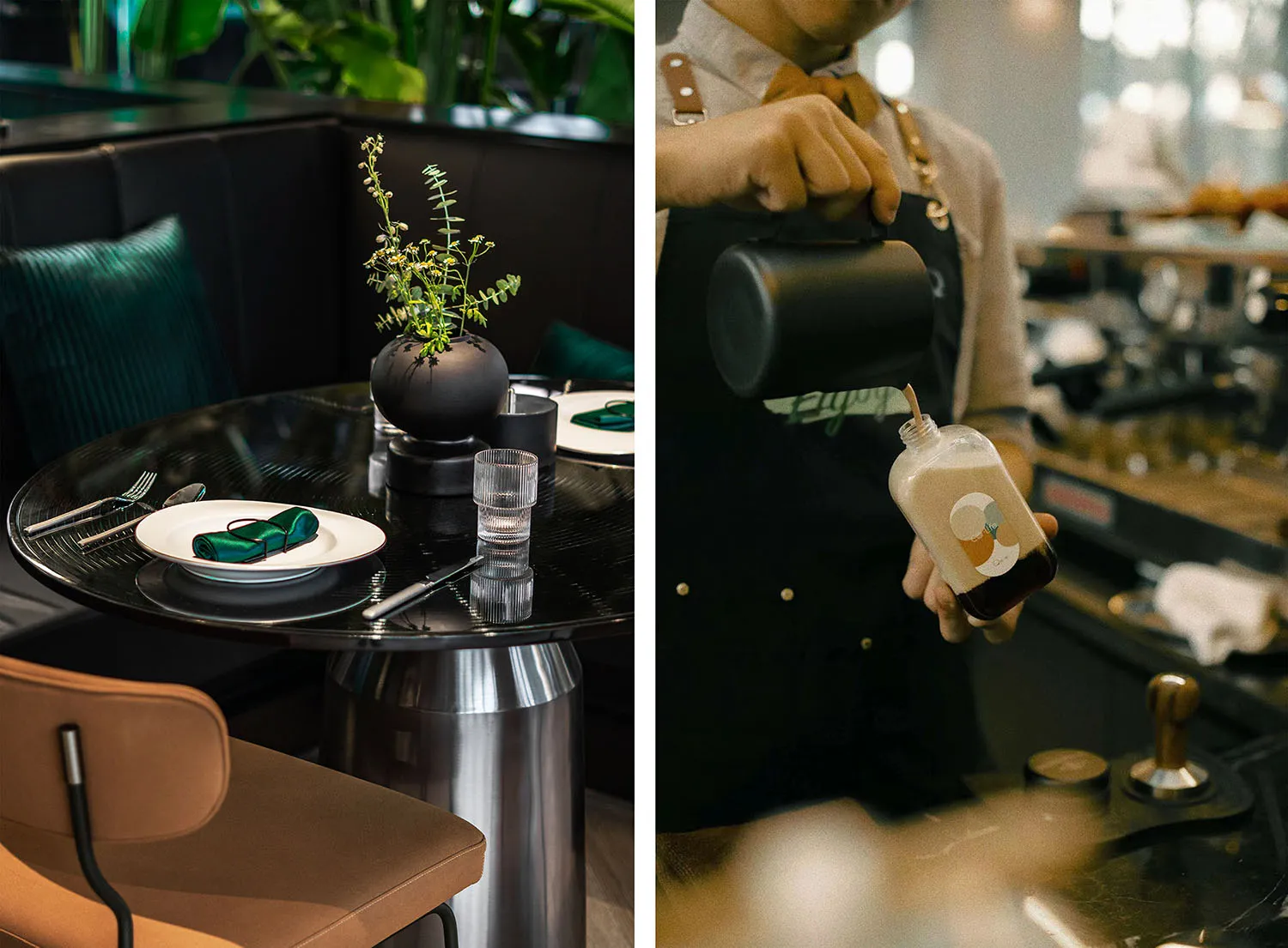 A casual restaurant and coffee scene with comfortable seating, dining tables, and various pieces of furniture, creating a relaxed atmosphere
