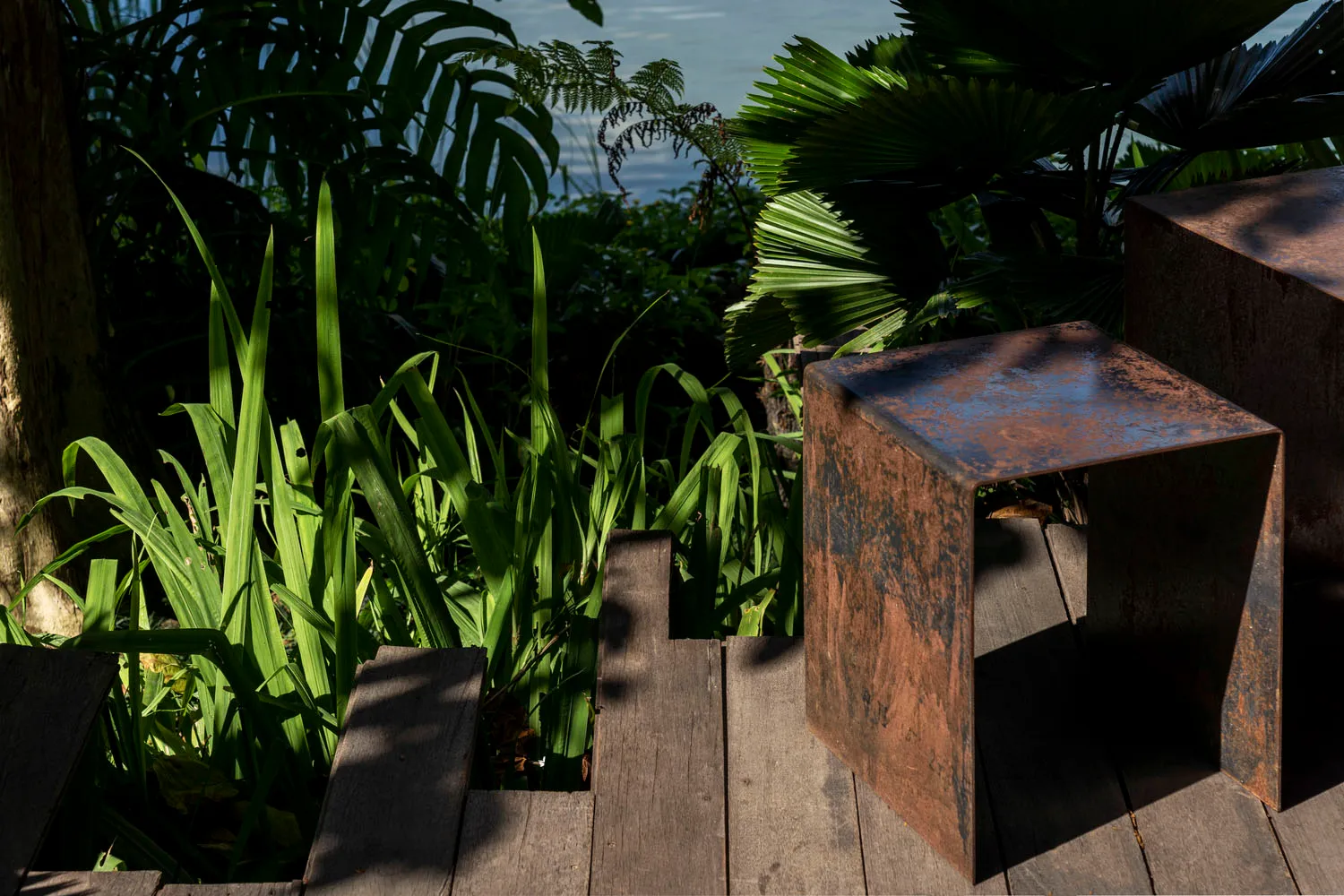 A wooden bench in a rustic outdoor patio area surrounded by plants and a staircase