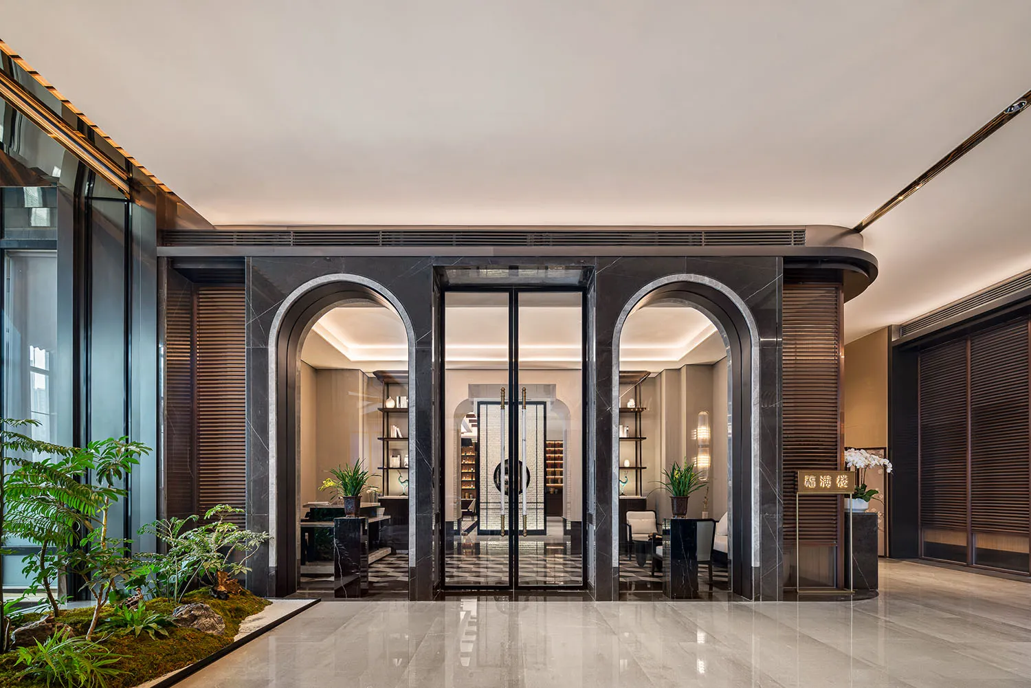 A luxurious hallway with a black marble floor, potted plants, chairs, and dining tables, exuding elegance and refinement